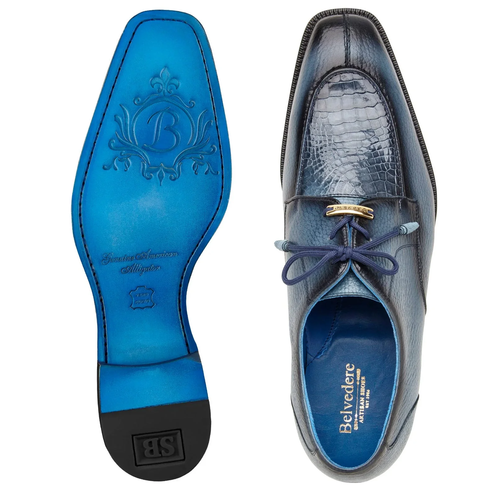 Men's Belvedere Primo Alligator & Calfskin Moc-Toe Dress Shoe in Safari Blue - Image 3