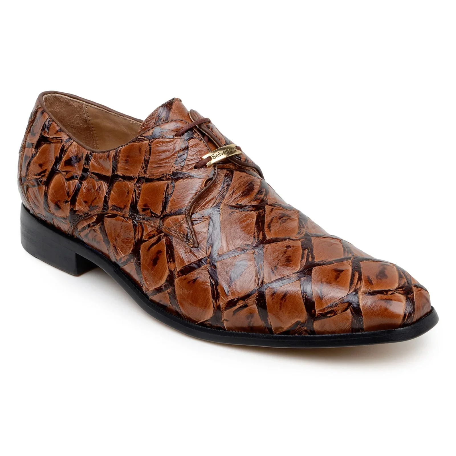 Men's Belvedere Renzo Genuine Pirarucu Lace Up Derby Dress Shoe in Almond Tan - Image 2
