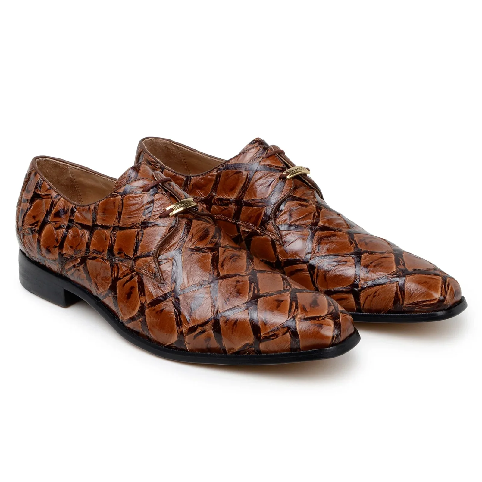 Men's Belvedere Renzo Genuine Pirarucu Lace Up Derby Dress Shoe in Almond Tan - Image 3