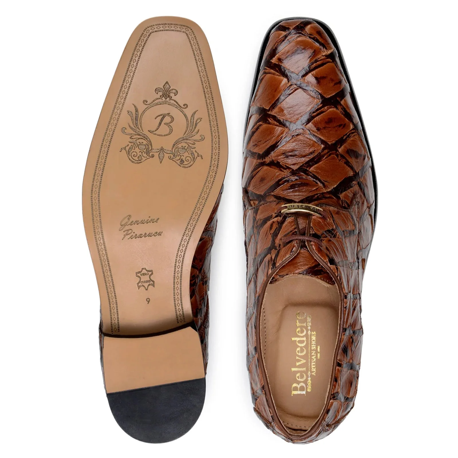 Men's Belvedere Renzo Genuine Pirarucu Lace Up Derby Dress Shoe in Almond Tan - Image 6