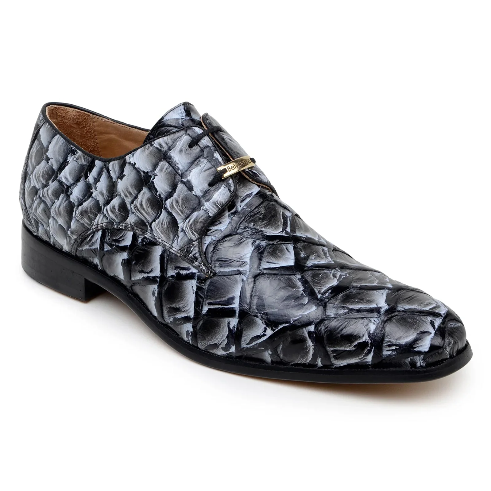 Men's Belvedere Renzo Genuine Pirarucu Lace Up Derby Dress Shoe in Ivory & Black - Image 2