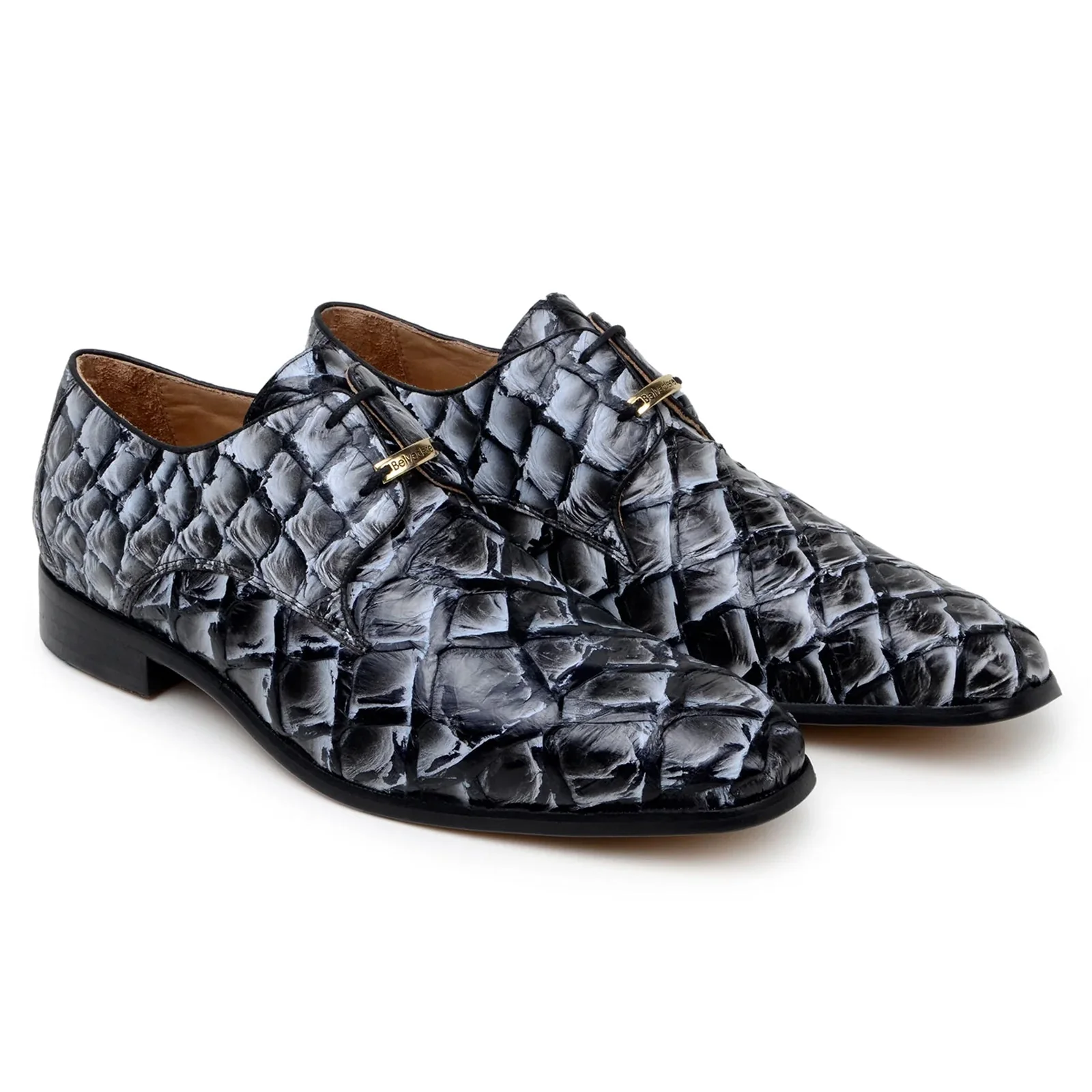 Men's Belvedere Renzo Genuine Pirarucu Lace Up Derby Dress Shoe in Ivory & Black - Image 3