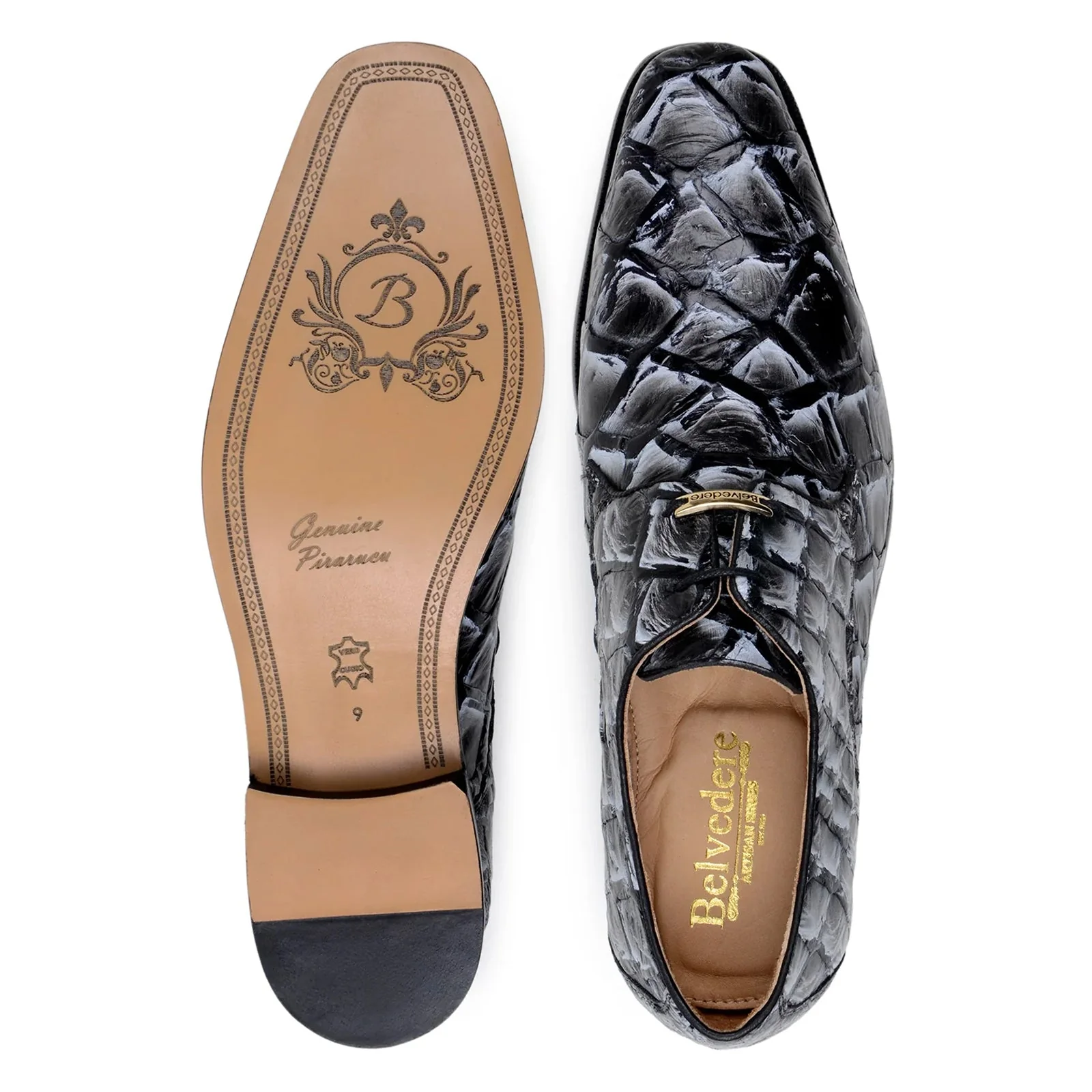 Men's Belvedere Renzo Genuine Pirarucu Lace Up Derby Dress Shoe in Ivory & Black - Image 6