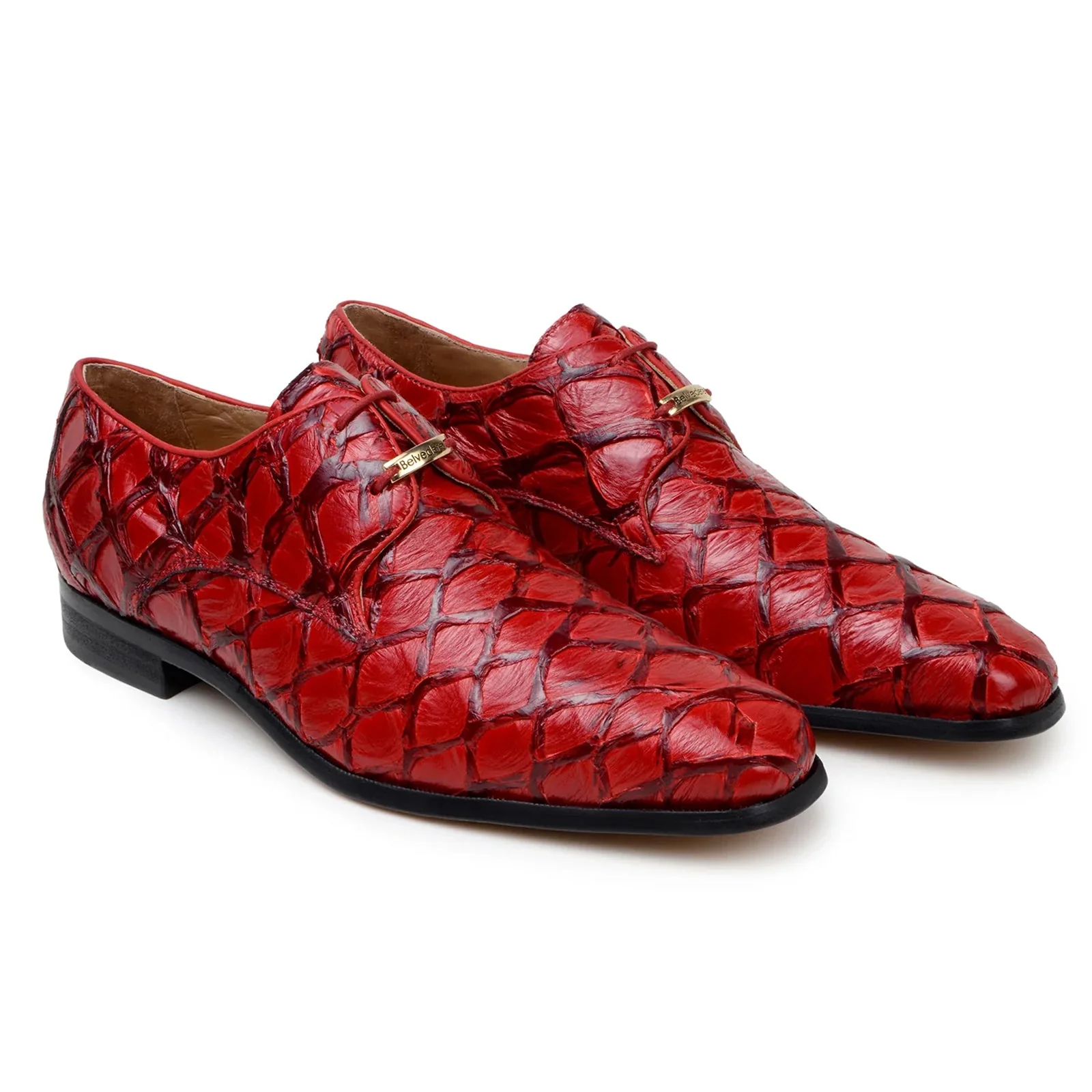 Men's Belvedere Renzo Genuine Pirarucu Lace Up Derby Dress Shoe in Red - Image 3