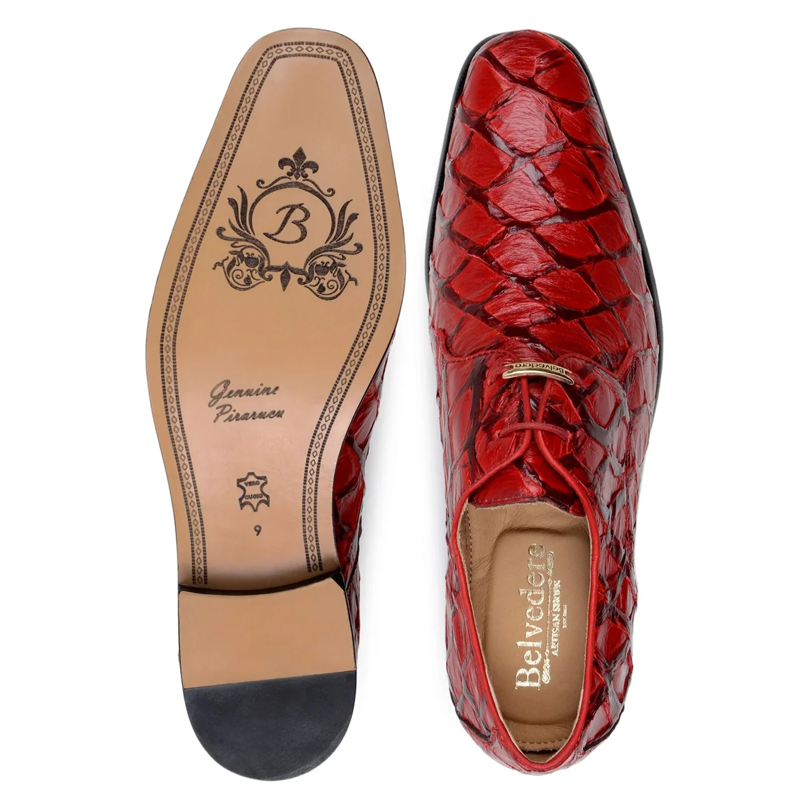 Men's Belvedere Renzo Genuine Pirarucu Lace Up Derby Dress Shoe in Red - Image 6