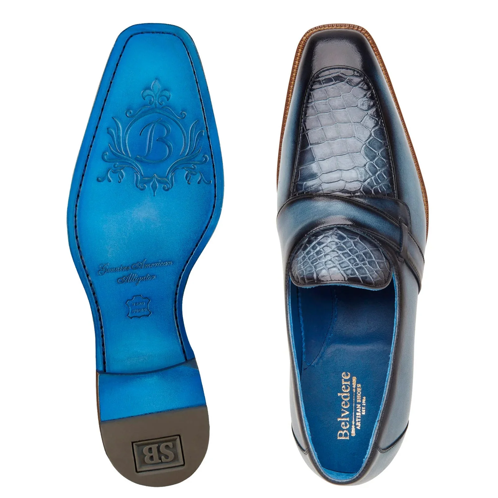 Men's Belvedere Tornado Alligator & Calfskin Slip On Dress Loafer in Blue Jean - Image 3
