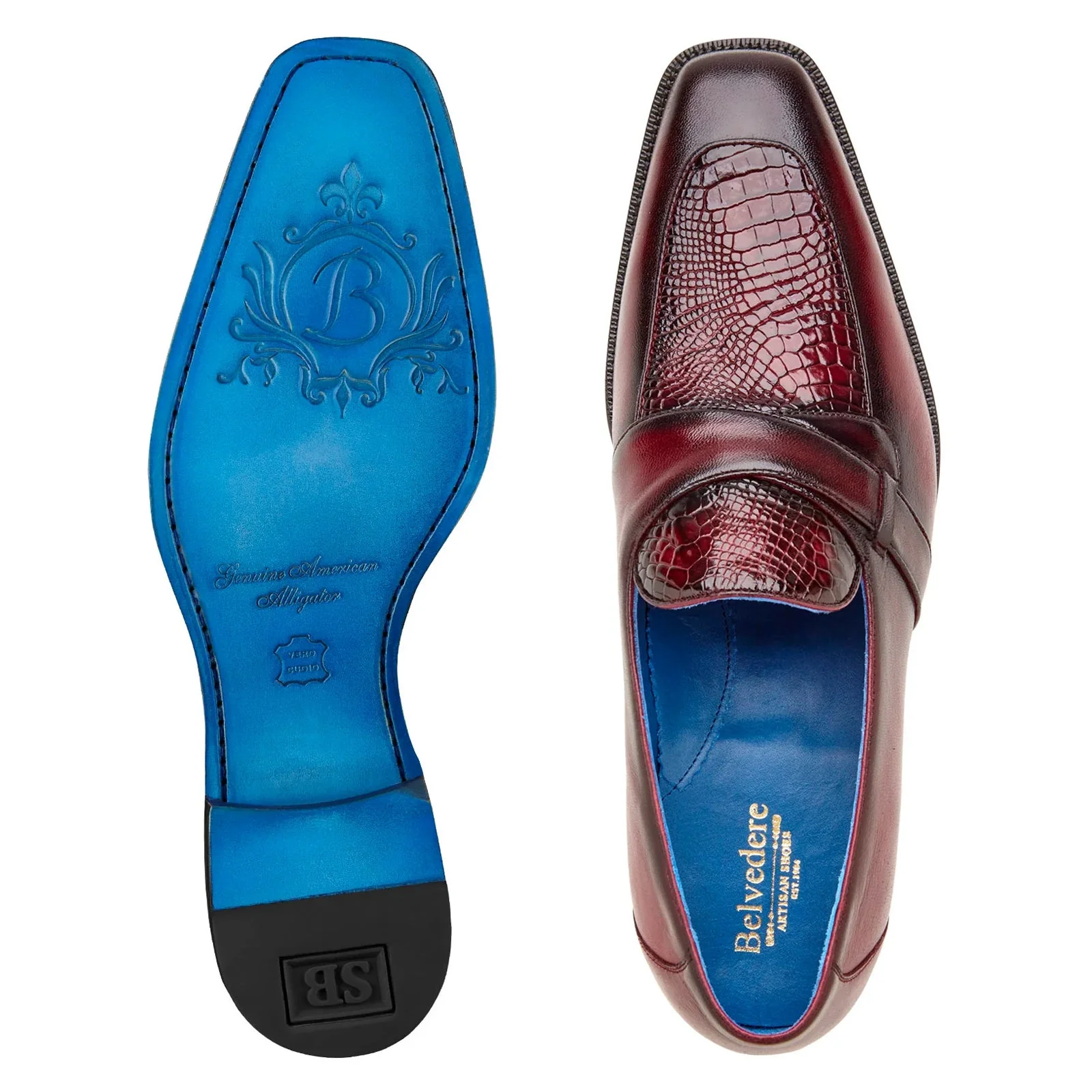 Men's Belvedere Tornado Alligator & Calfskin Slip On Dress Loafer in Burgundy - Image 3
