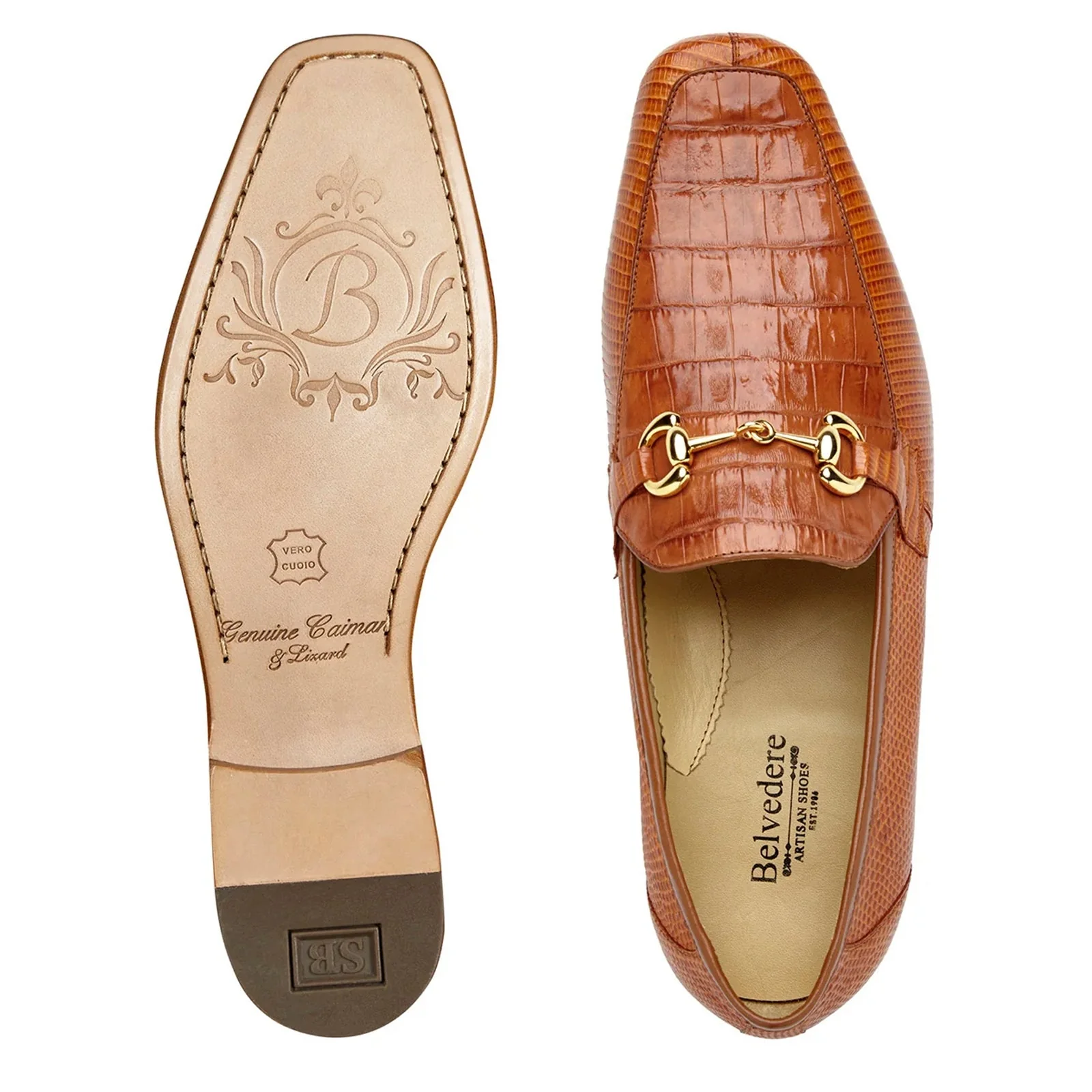 Men's Belvedere Udine Crocodile & Lizard Buckle Dress Loafer in Brandy - Image 3