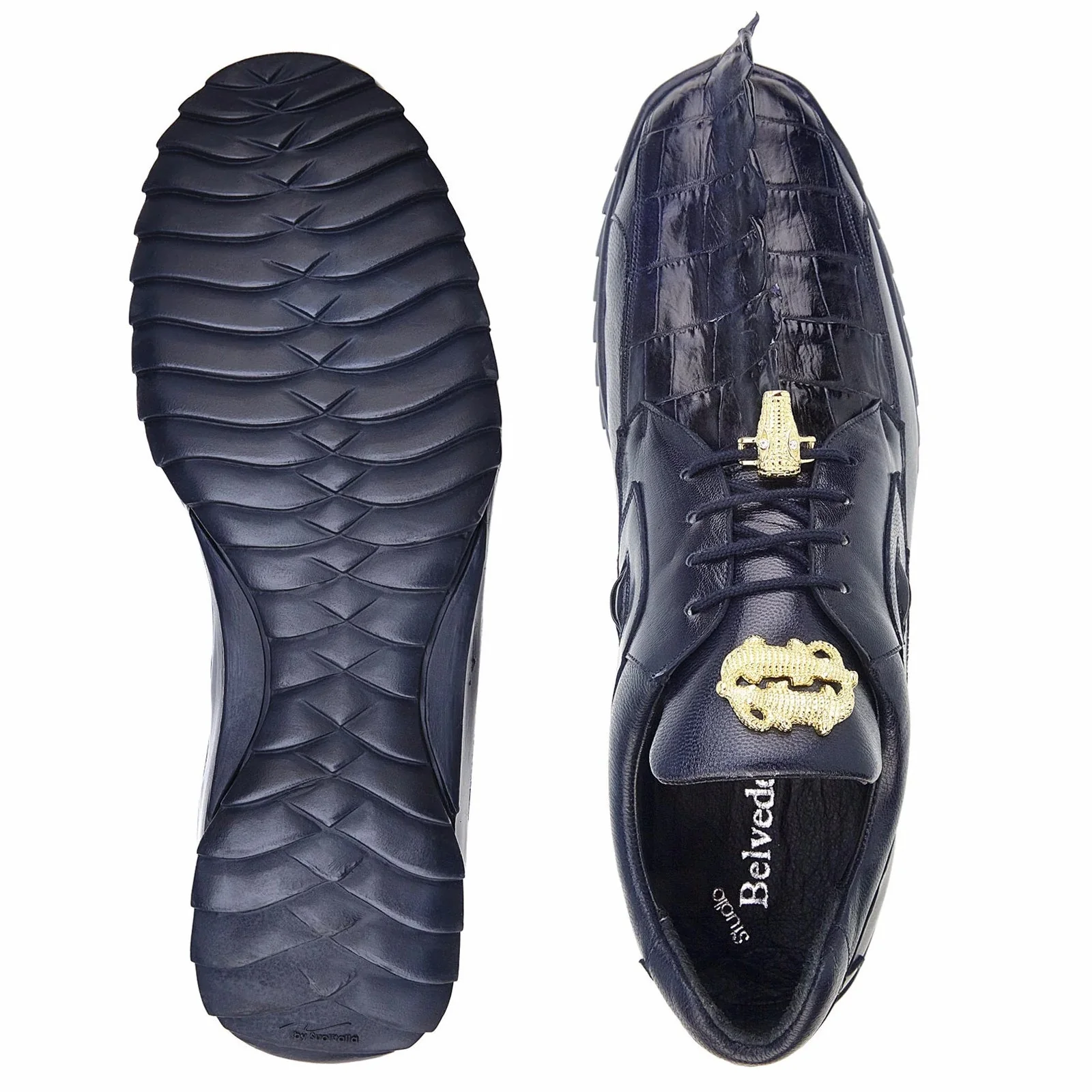 Men's Belvedere Vasco Calf & Crocodile Hornback Tail Sneaker in Night Blue - Image 3