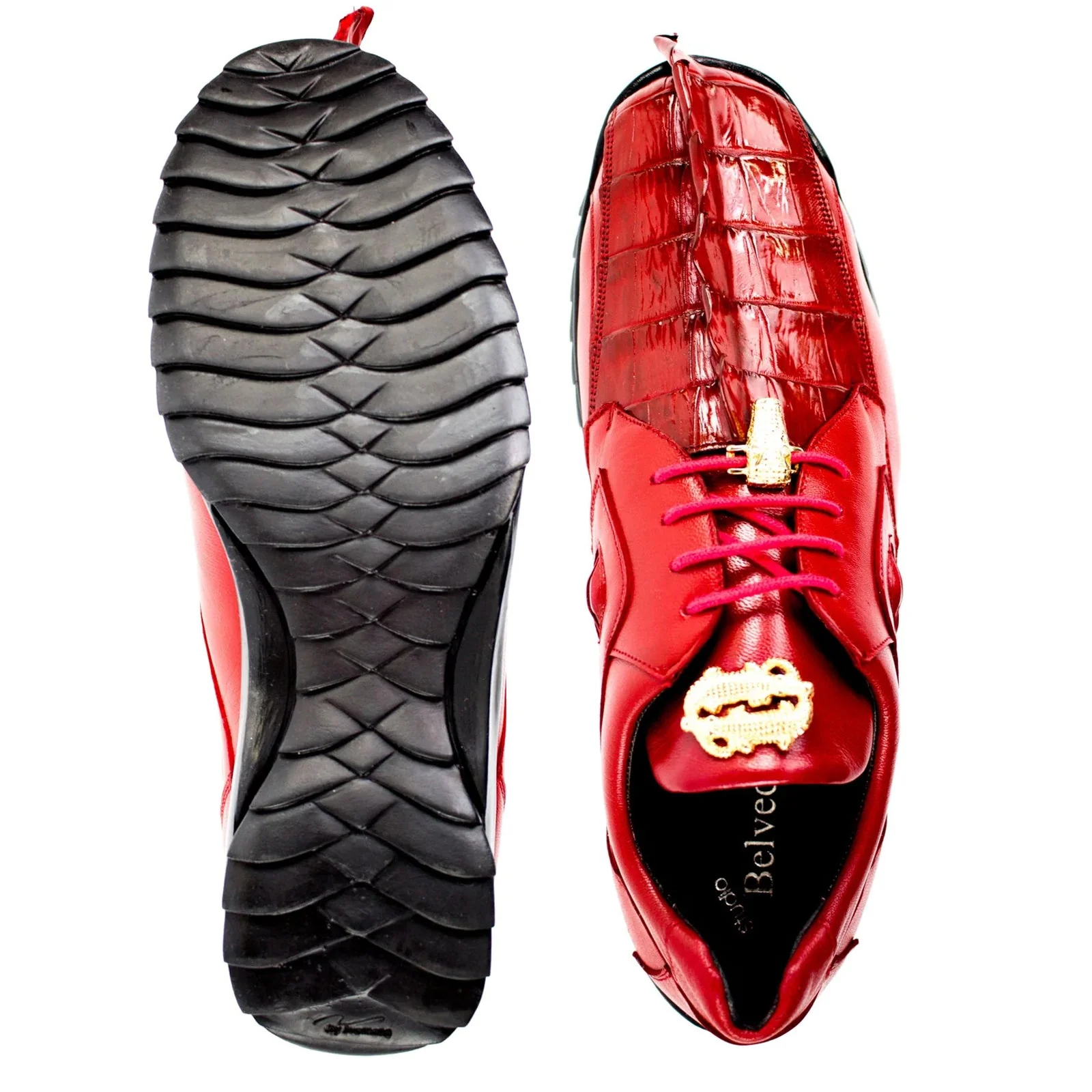 Men's Belvedere Vasco Calf & Crocodile Hornback Tail Sneaker in Red - Image 3