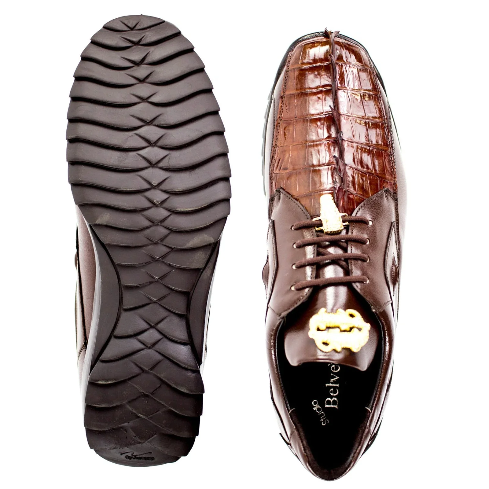Men's Belvedere Vasco Calf & Crocodile Hornback Tail Sneaker in Tabac Brown - Image 3
