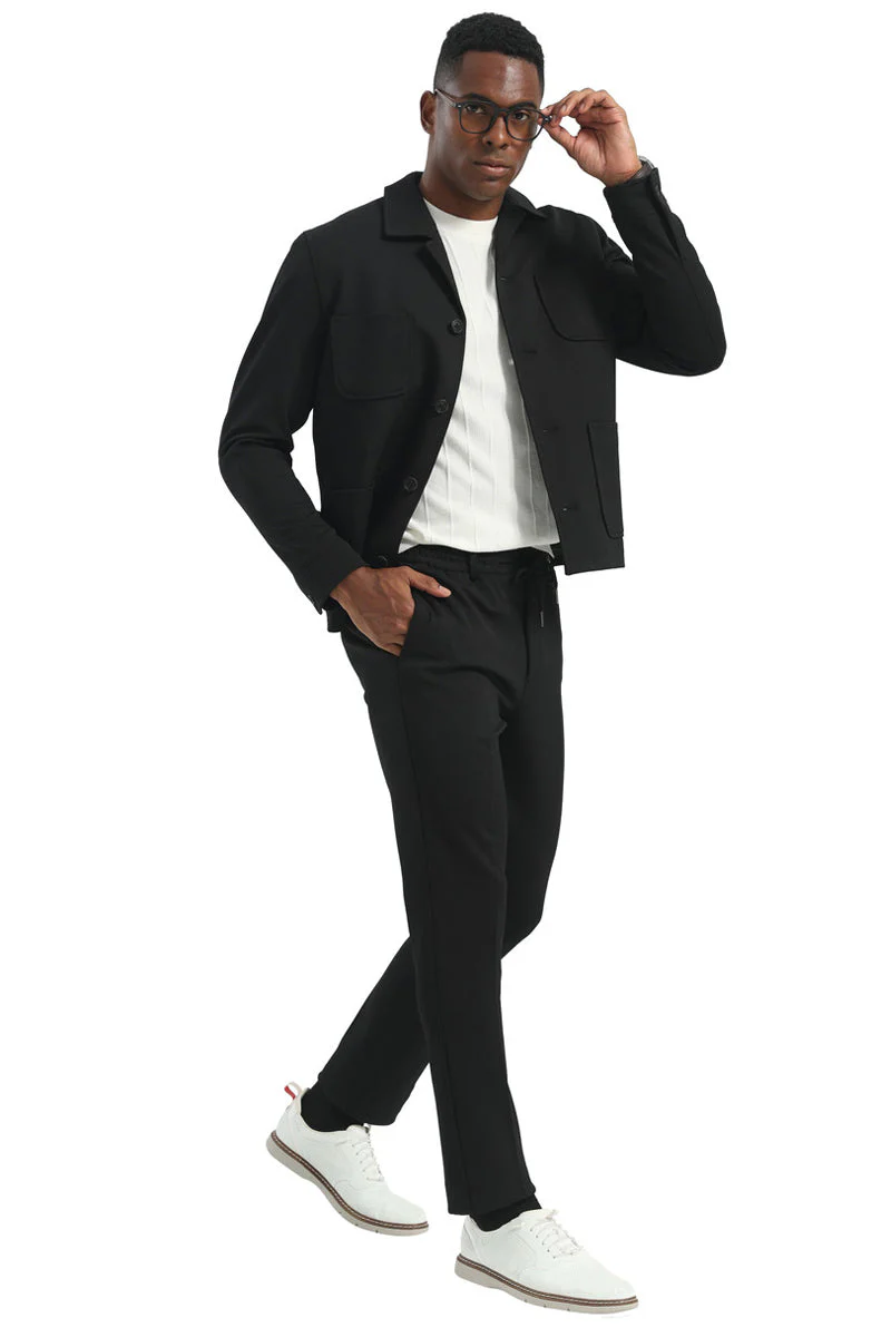 Men's Casual Walking Casual Suit Jacket & Pant Set in Black - Image 3