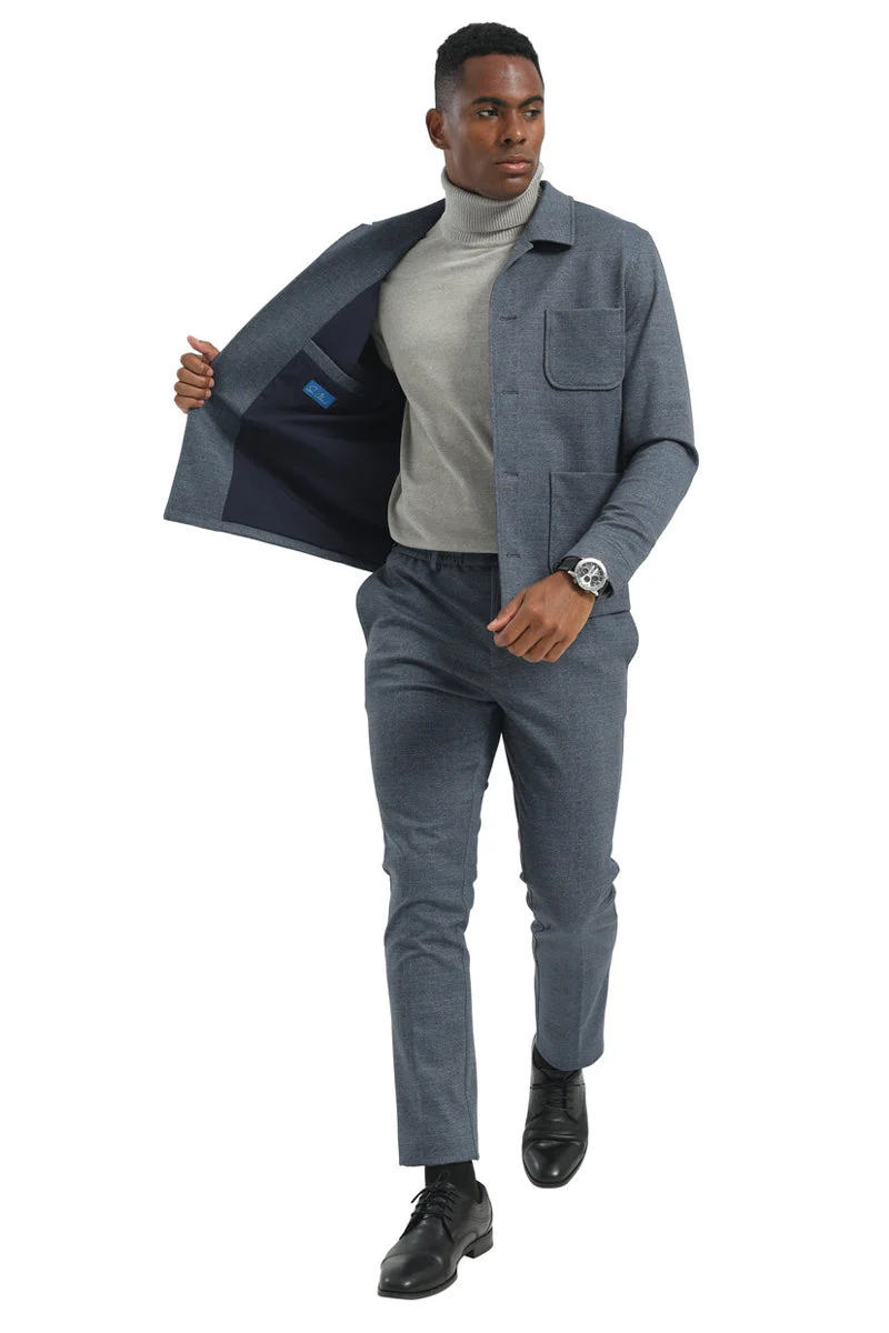Men's Casual Walking Casual Suit Jacket & Pant Set in Blue - Image 3