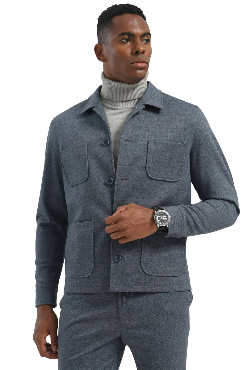Men's Casual Walking Casual Suit Jacket & Pant Set in Blue - Image 4