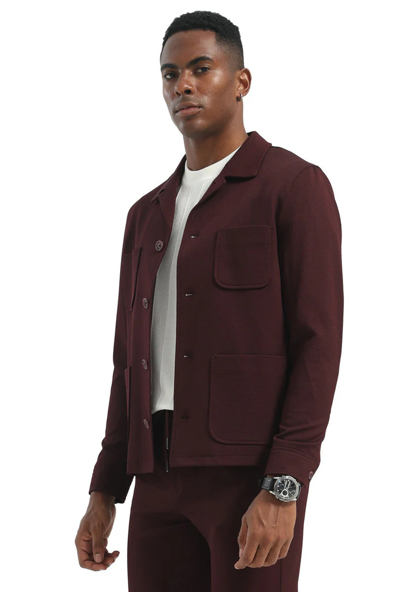Men's Casual Walking Casual Suit Jacket & Pant Set in Burgundy - Image 3