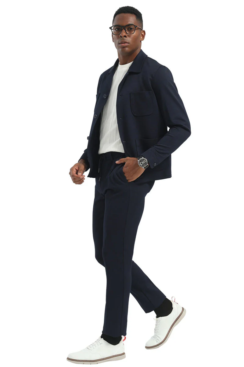 Men's Casual Walking Casual Suit Jacket & Pant Set in Navy Blue - Image 3