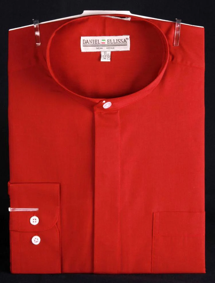 Men's Classic Banded Collar French Front Dress Shirt in Red