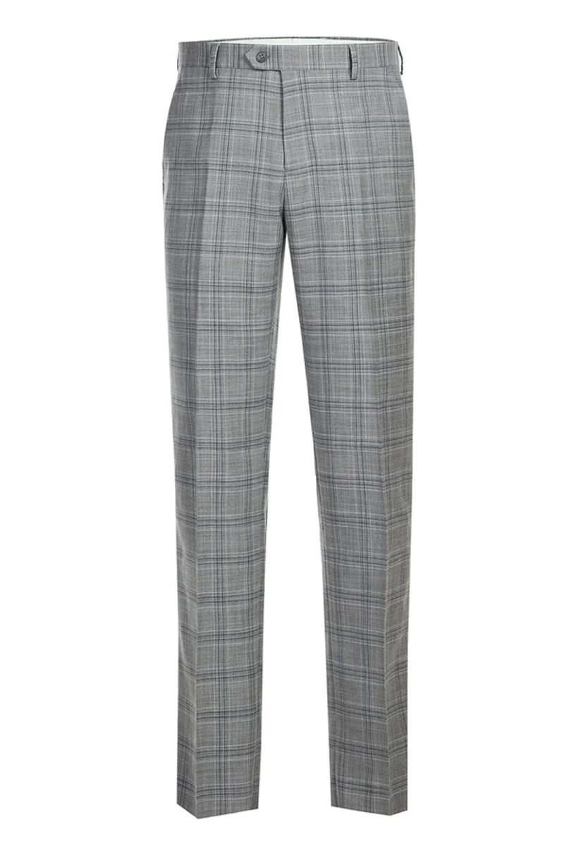 Mens Classic Fit Two Button Suit in Light Grey and Navy Blue Windowpane Plaid - Image 2