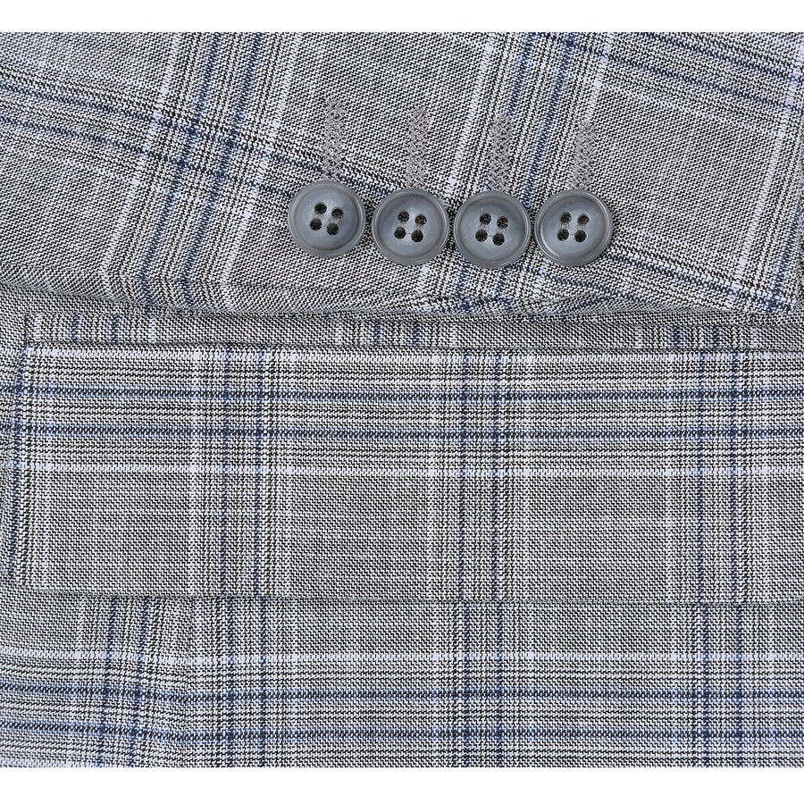 Mens Classic Fit Two Button Suit in Light Grey and Navy Blue Windowpane Plaid - Image 7
