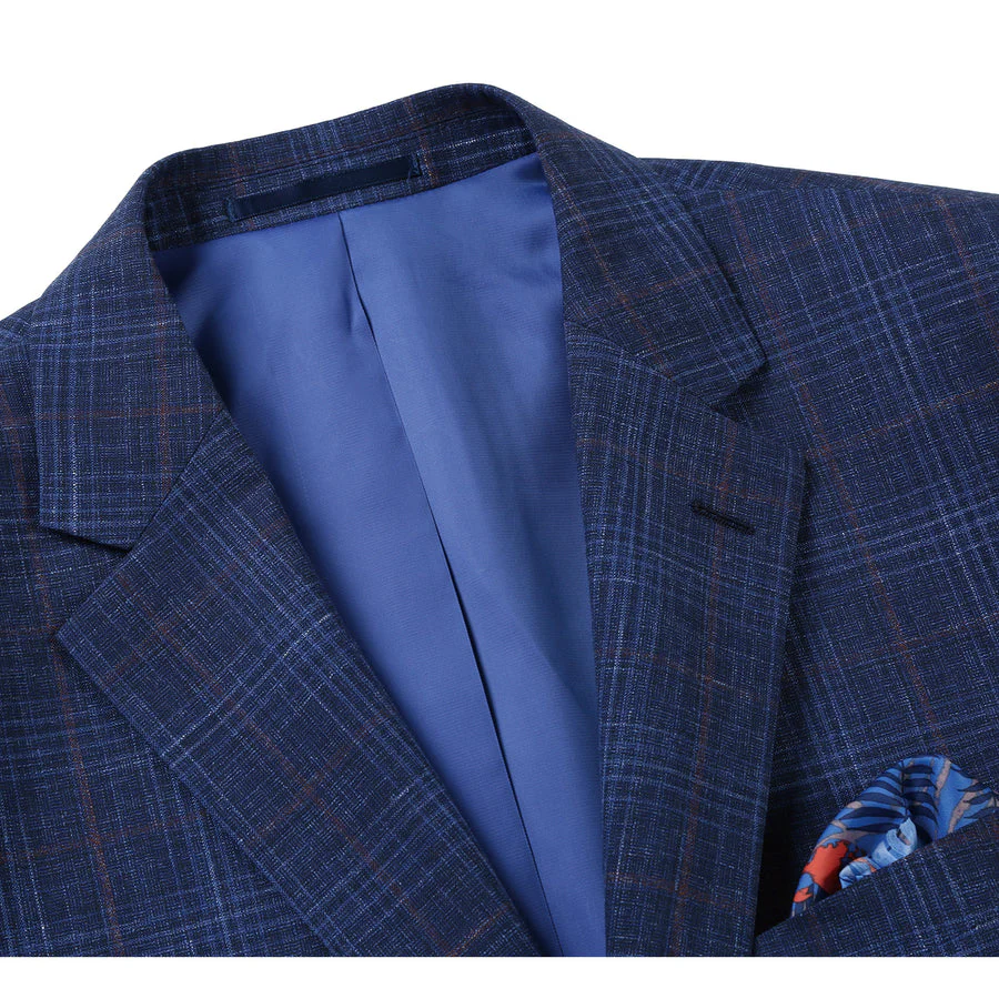 Mens Classic Fit Two Button Wool & Linen Sport Coat Blazer in Blue Windowpane Plaid - Image 2