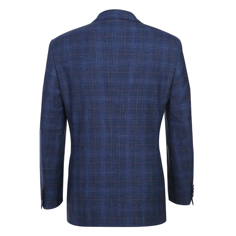 Mens Classic Fit Two Button Wool & Linen Sport Coat Blazer in Blue Windowpane Plaid - Image 3