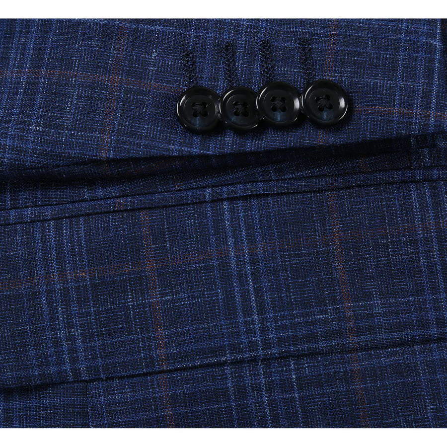 Mens Classic Fit Two Button Wool & Linen Sport Coat Blazer in Blue Windowpane Plaid - Image 4