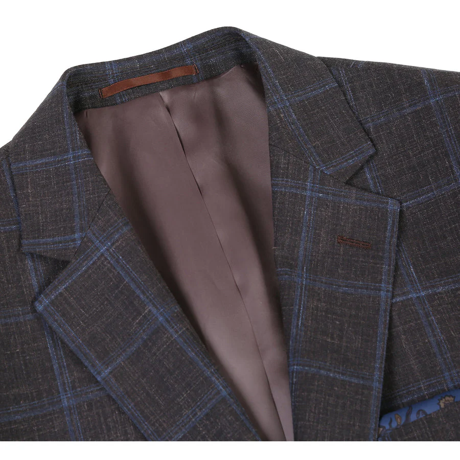 Mens Classic Fit Two Button Wool & Linen Sport Coat Blazer in Brown Windowpane Plaid - Image 2