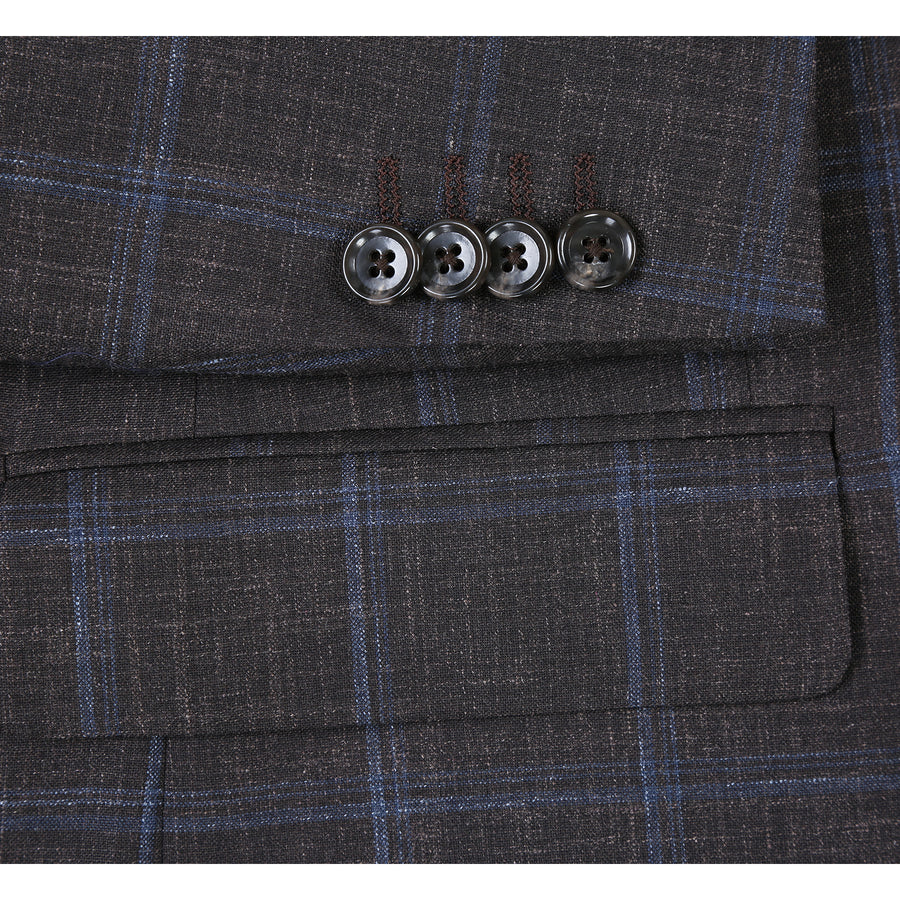 Mens Classic Fit Two Button Wool & Linen Sport Coat Blazer in Brown Windowpane Plaid - Image 3