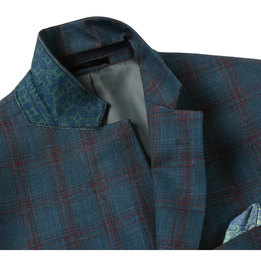 Mens Classic Fit Two Button Wool & Linen Sport Coat Blazer in Teal Blue Windowpane Plaid - Image 2