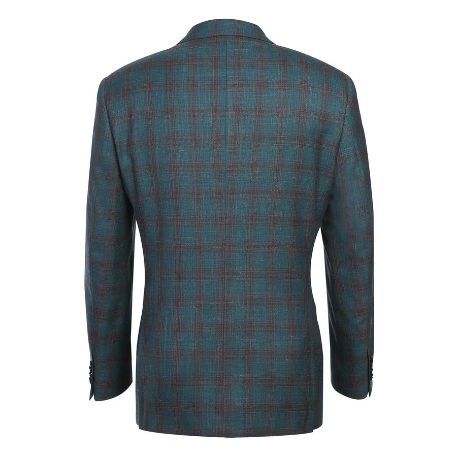 Mens Classic Fit Two Button Wool & Linen Sport Coat Blazer in Teal Blue Windowpane Plaid - Image 3