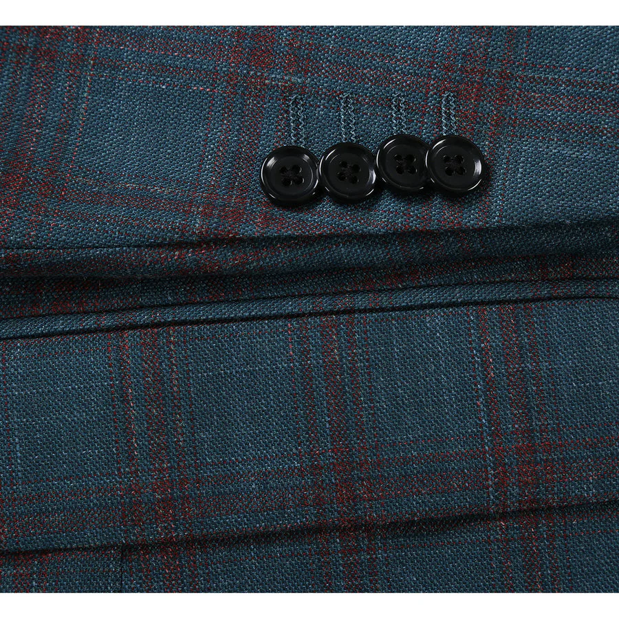 Mens Classic Fit Two Button Wool & Linen Sport Coat Blazer in Teal Blue Windowpane Plaid - Image 4