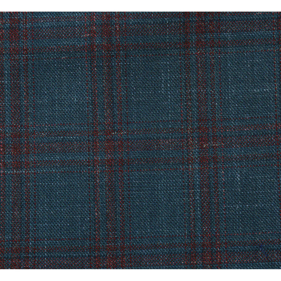 Mens Classic Fit Two Button Wool & Linen Sport Coat Blazer in Teal Blue Windowpane Plaid - Image 5