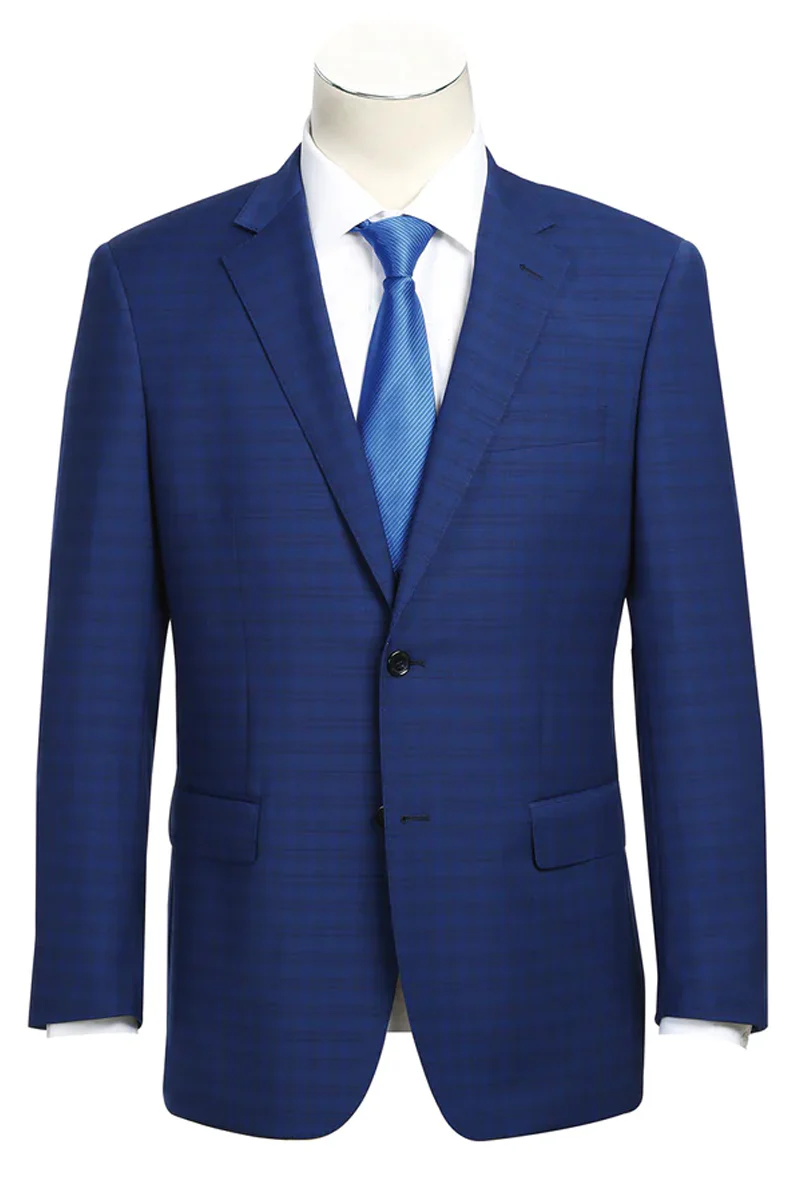 Mens Classic Fit Two Button Wool Suit in Dark Blue Windowpane Plaid Check