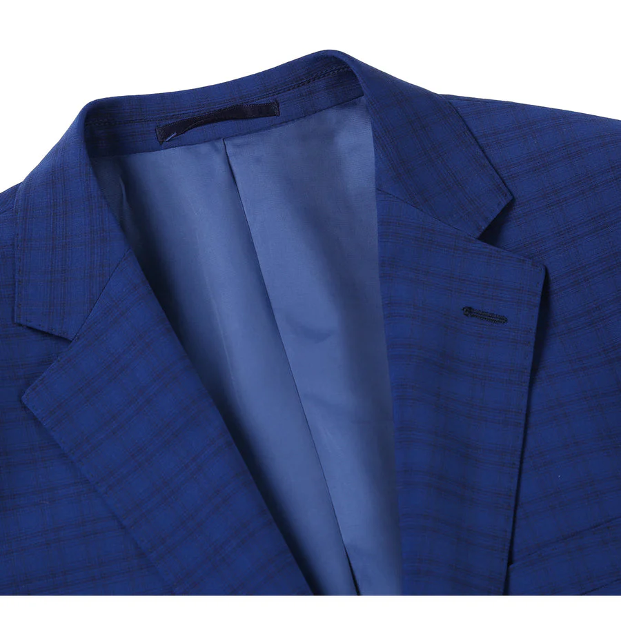 Mens Classic Fit Two Button Wool Suit in Dark Blue Windowpane Plaid Check - Image 4