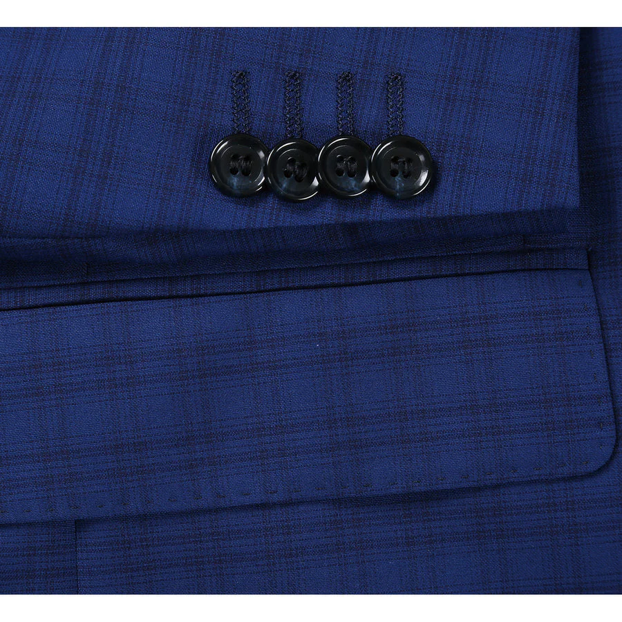 Mens Classic Fit Two Button Wool Suit in Dark Blue Windowpane Plaid Check - Image 5