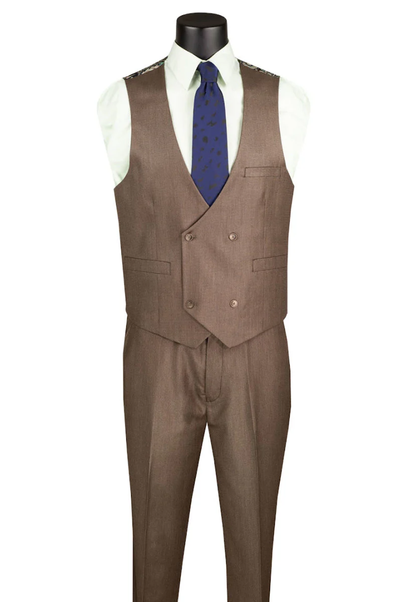 Men's Classic Fit Vested Fall Sharkskin Suit in Dark Taupe - Image 3