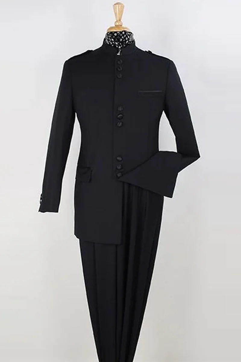 Mens Classic Military Banded Collar Mandarin Safari Suit in Black
