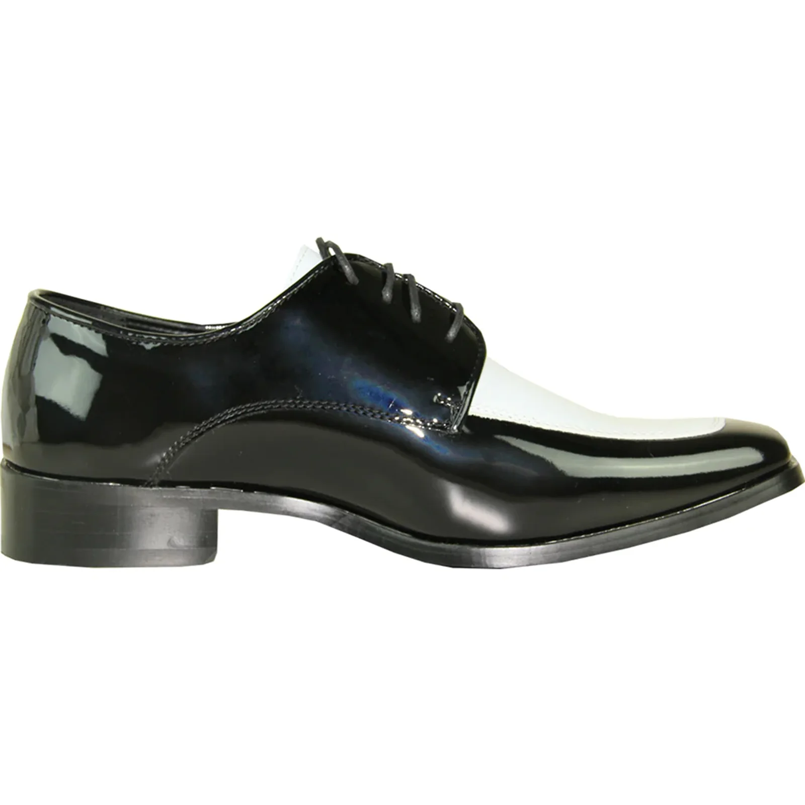 Mens Classic Moc Toe Shiny Patent Tuxedo Prom Shoe in Black & White - Image 2