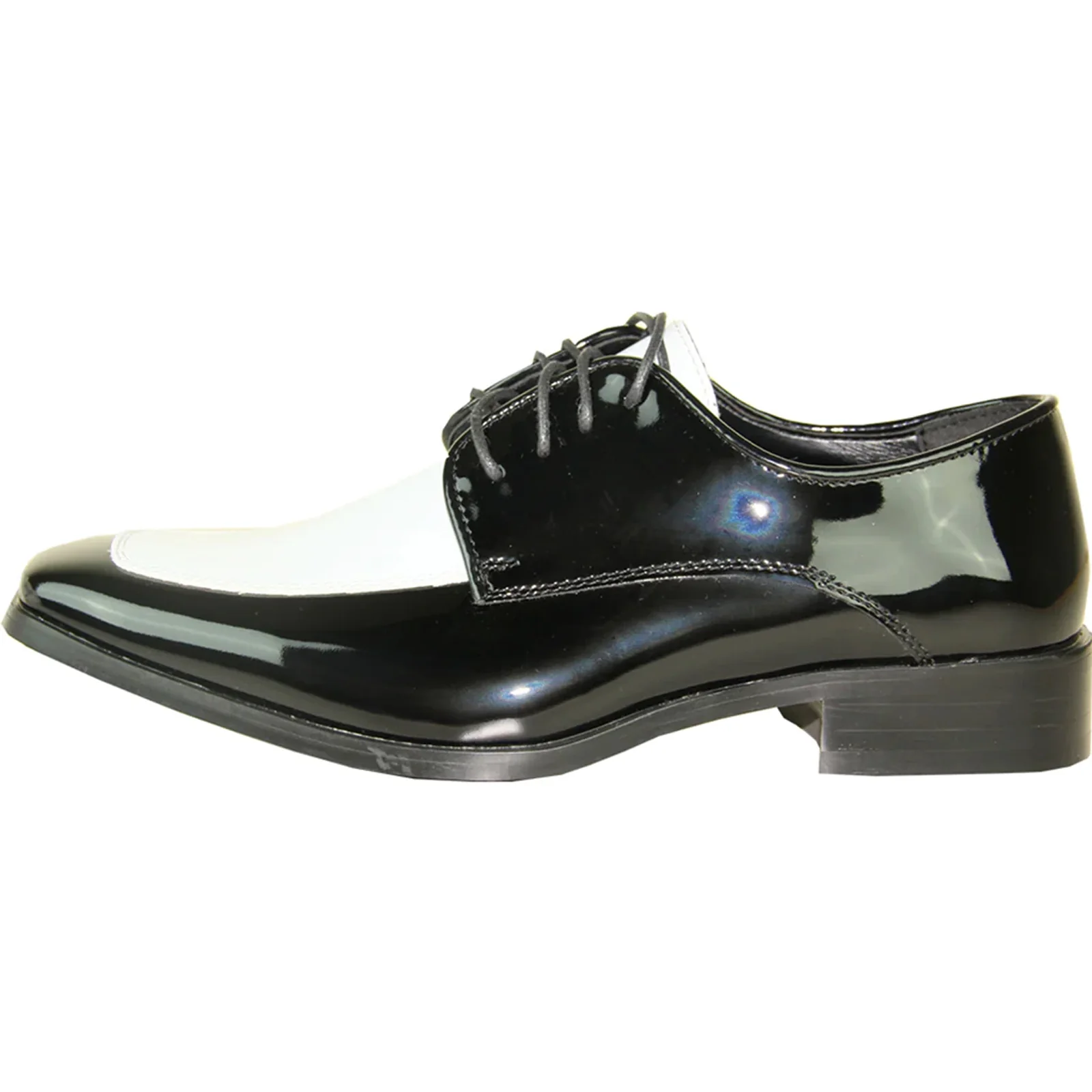 Mens Classic Moc Toe Shiny Patent Tuxedo Prom Shoe in Black & White - Image 3