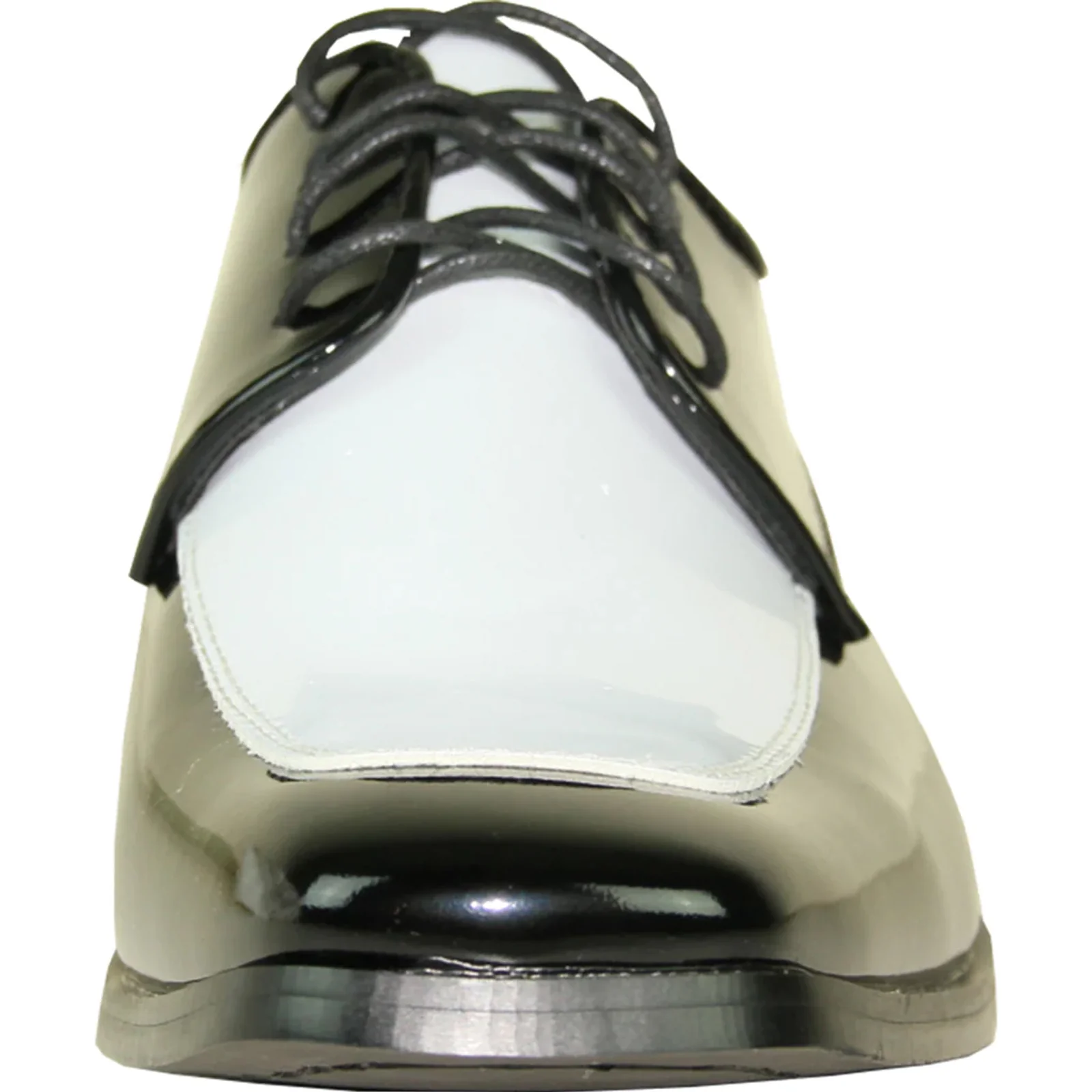 Mens Classic Moc Toe Shiny Patent Tuxedo Prom Shoe in Black & White - Image 4