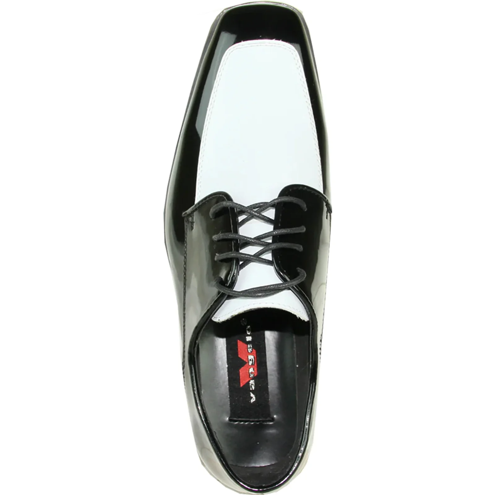 Mens Classic Moc Toe Shiny Patent Tuxedo Prom Shoe in Black & White - Image 6