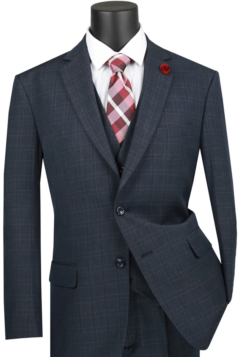 Men's Classic Modern Fit Vested Tonal Windowpane Plaid Suit in Blue