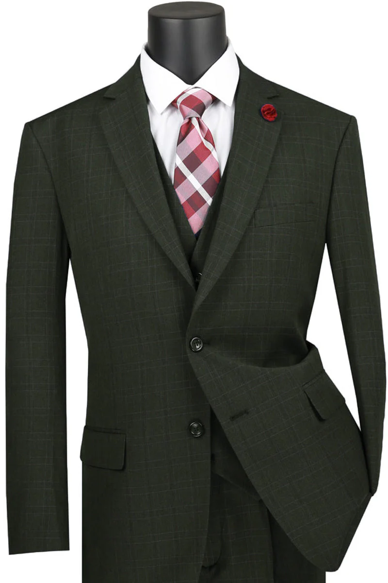 Men's Classic Modern Fit Vested Tonal Windowpane Plaid Suit in Olive Green
