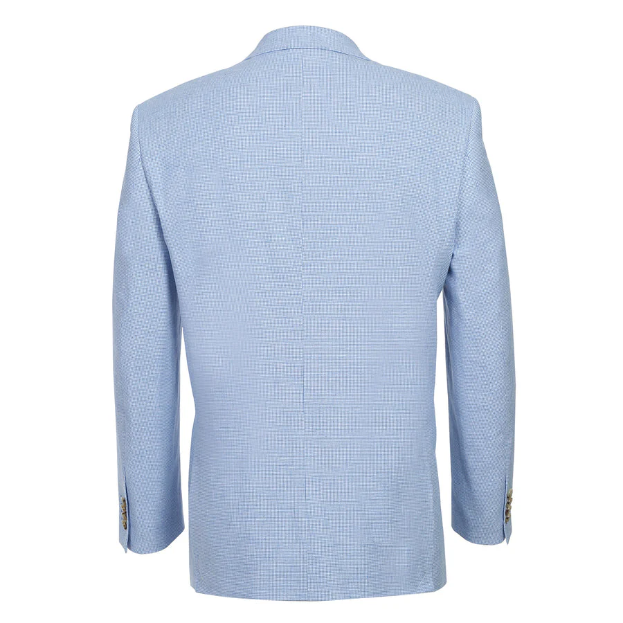 Mens Classic Two Button Linen & Cotton Summer Sport Coat Blazer in Sky Blue Houndstooth - Image 3