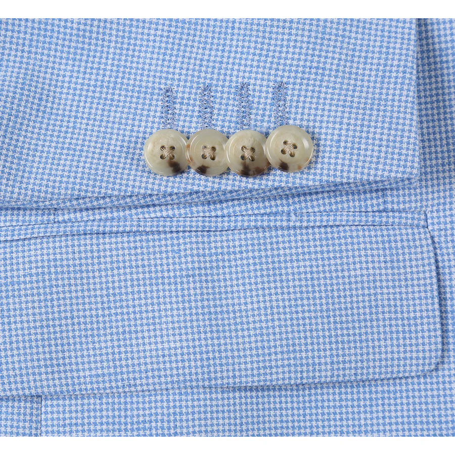 Mens Classic Two Button Linen & Cotton Summer Sport Coat Blazer in Sky Blue Houndstooth - Image 4