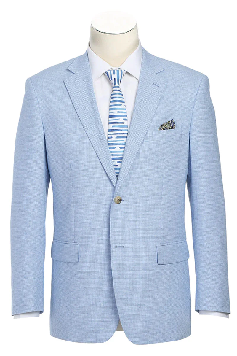 Mens Classic Two Button Linen & Cotton Summer Sport Coat Blazer in Sky Blue Houndstooth | CLOSE OUT 46S