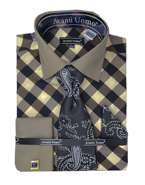 Men's Contrast Collar French Cuff Check Dress Shirt Set in Black