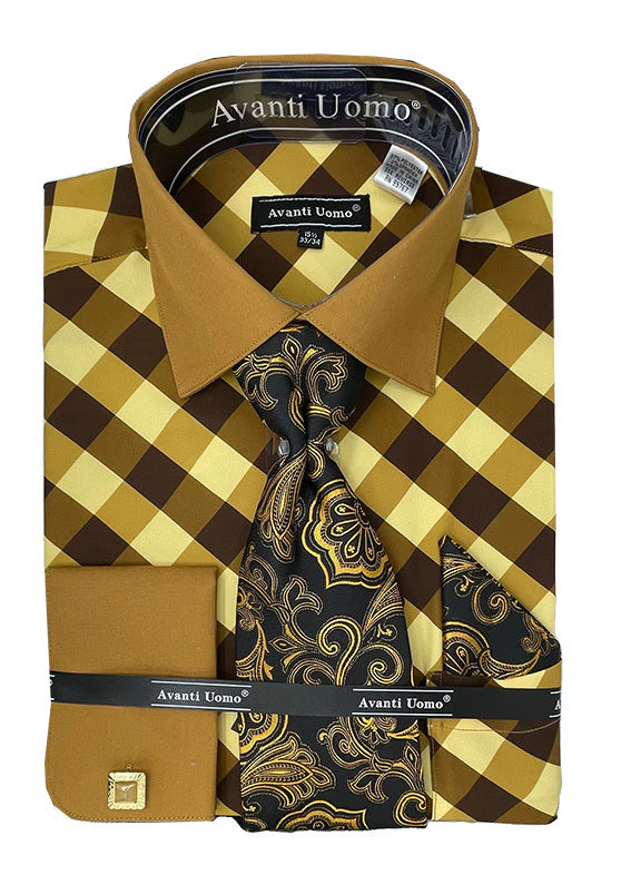 Men's Contrast Collar French Cuff Check Dress Shirt Set in Brown