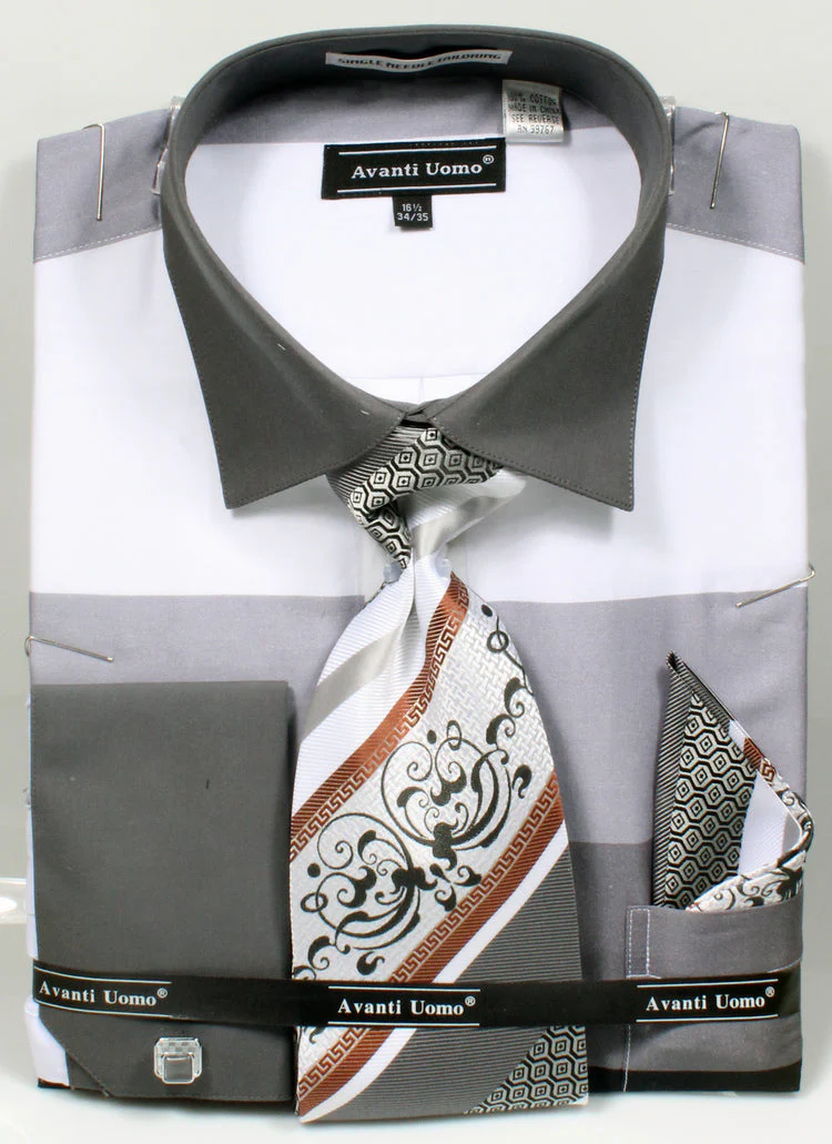 Men's Contrast Collar Wide Horizontal Stripe French Cuff Dress Shirt, Tie, & Hanky Set in Black