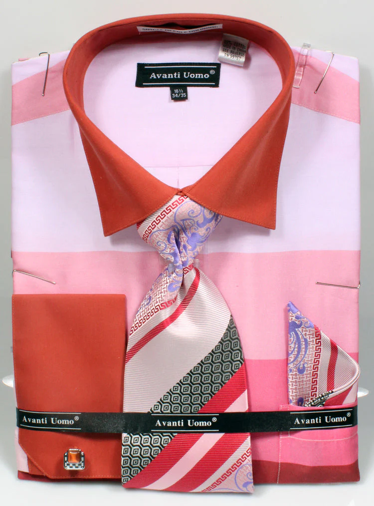 Men's Contrast Collar Wide Horizontal Stripe French Cuff Dress Shirt, Tie, & Hanky Set in Pink